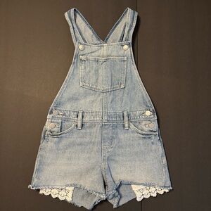 Old Navy Denim Overall Shorts w/ Frayed Edge & Lace Pocket Trim. Sz 10/12